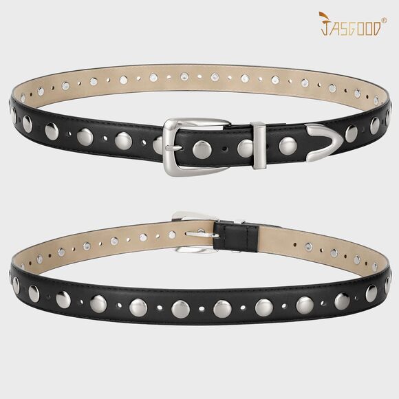 7229 Women Leather Belt Fashion Studded Ladies Punk Silver Buckle